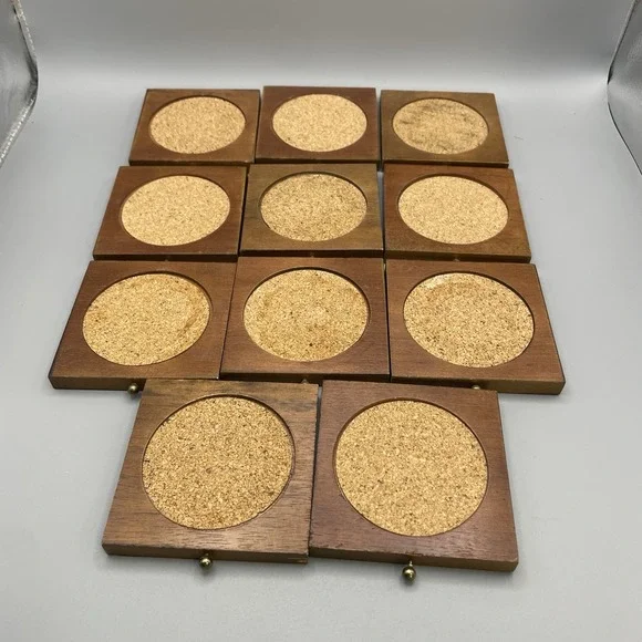 VTG (2) 70's Wine Press Wood And Cork Coaster Set Cork Screw Vice MCM Table Top - Picture 4 of 9